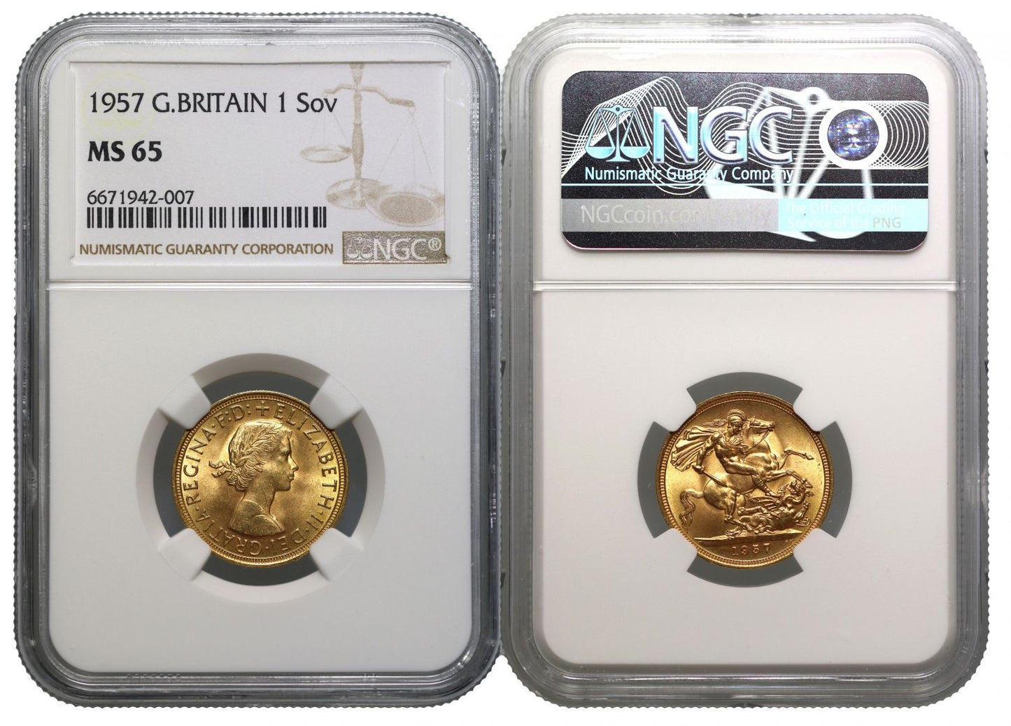 Elizabeth II 1957 Gillick Sovereign MS65