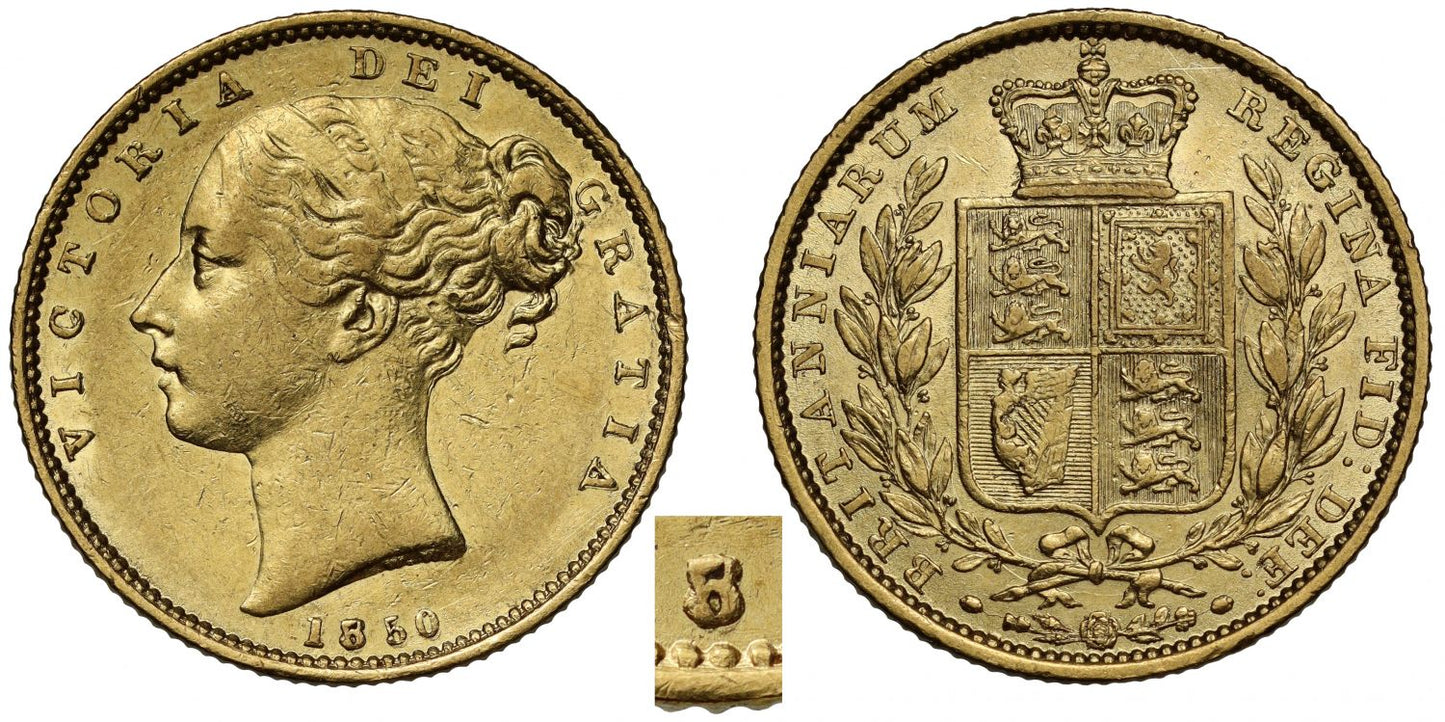 Victoria 1850 Sovereign, 5 struck clearly over 8 by mistake, extremely rare AU55