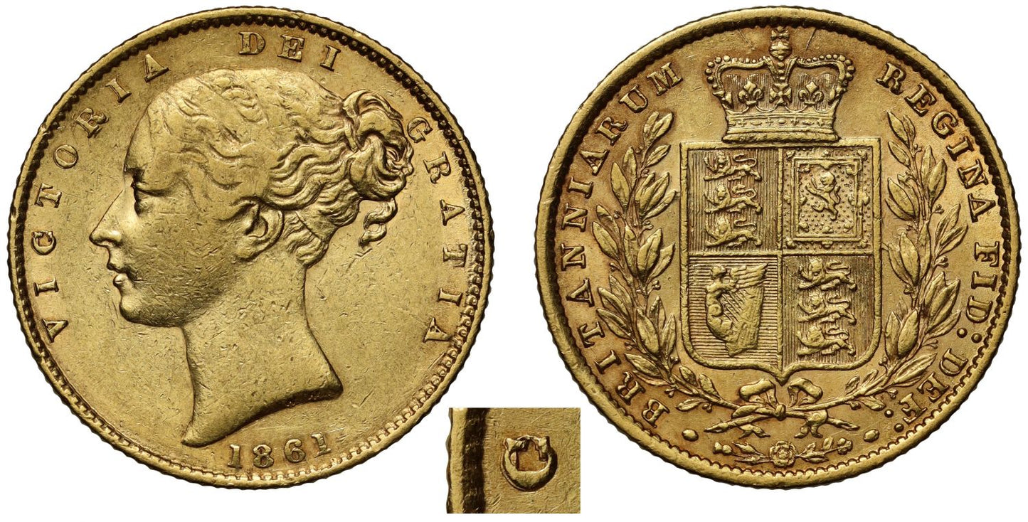 Victoria 1861 Sovereign, C over rotated C in VICTORIA, NGC AU53