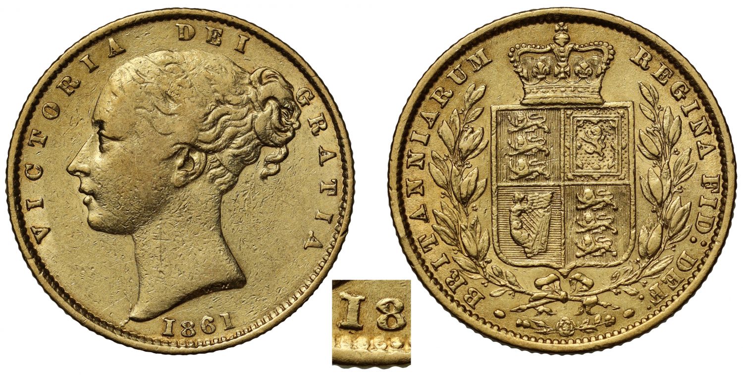 Victoria 1861 Sovereign, Roman letter I for numeral 1 in date XF40