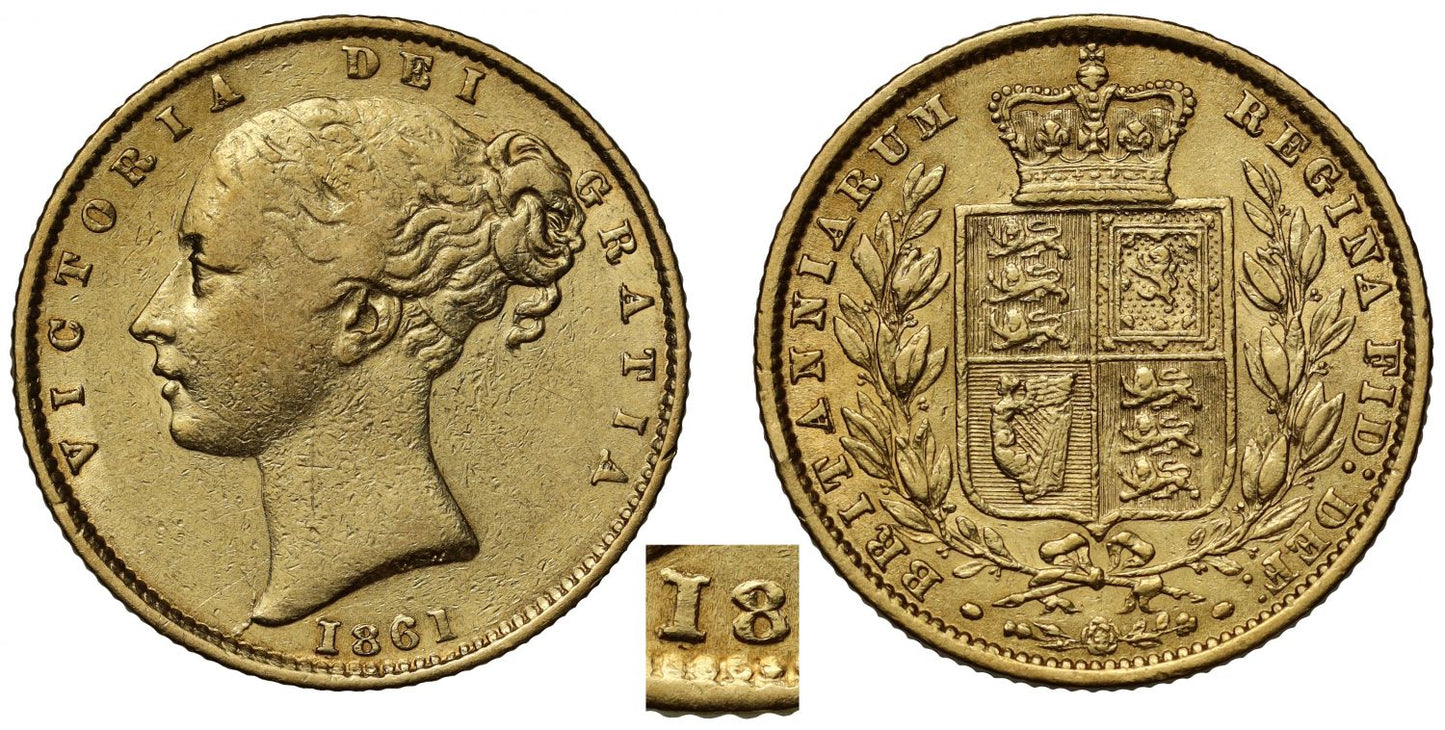 Victoria 1861 Sovereign, Roman letter I for numeral 1 in date XF40