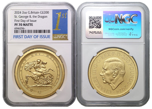* Charles III 2024 gold PF70 First Day 2oz Pistrucci Crown