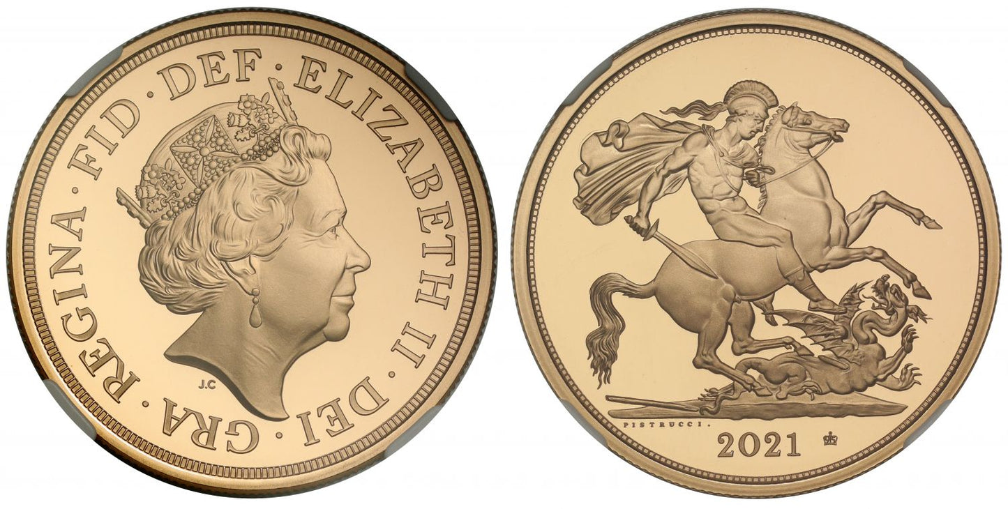 Elizabeth II 2021 proof Five-Pounds, '95 Privy' PF70 UCAM