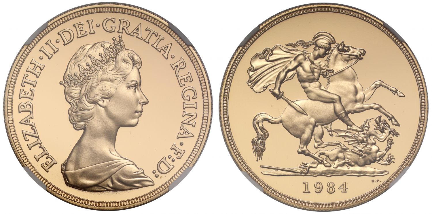 Elizabeth II 1984 proof Five-Pounds PF70 UCAM