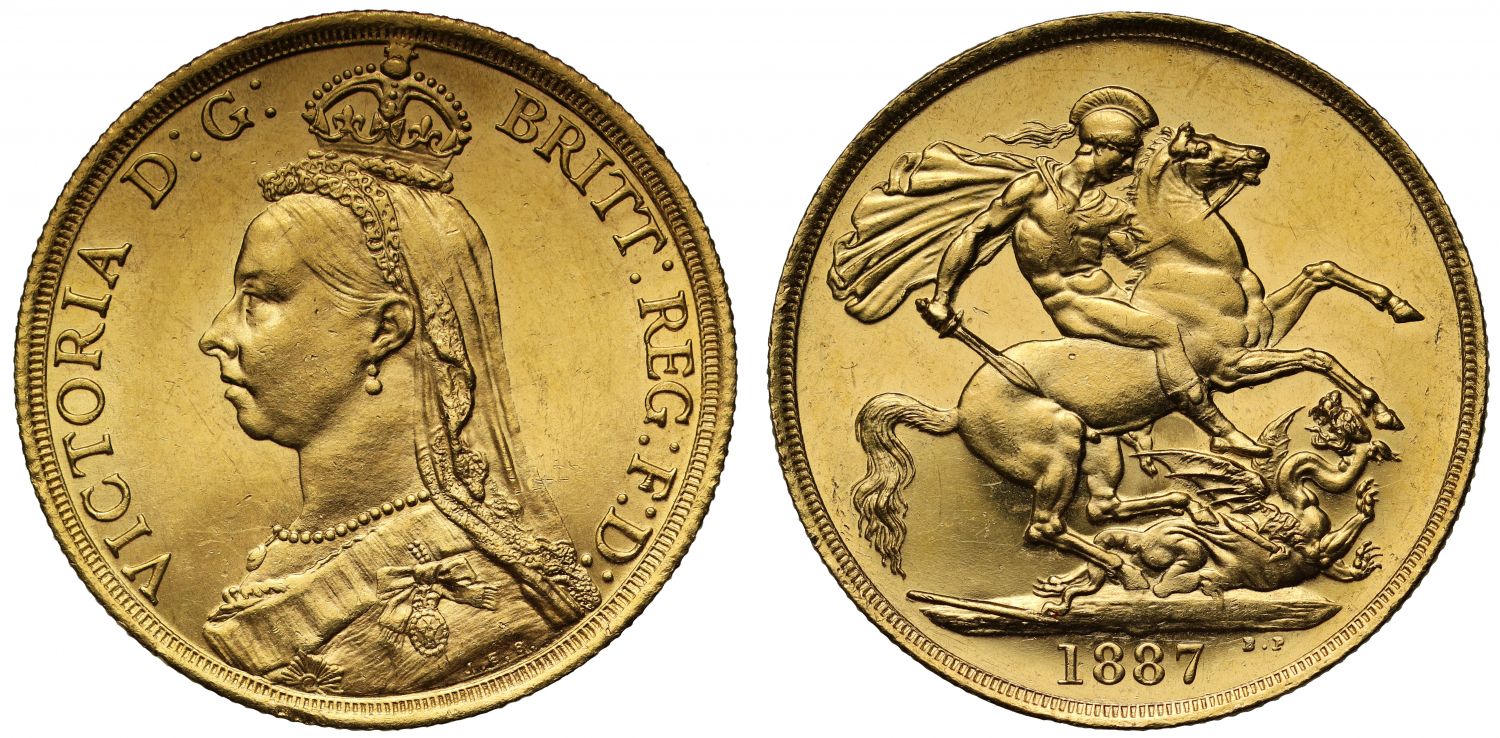 Victoria 1887 Two-Pounds MS62, tall date larger B.P. Golden Jubilee issue