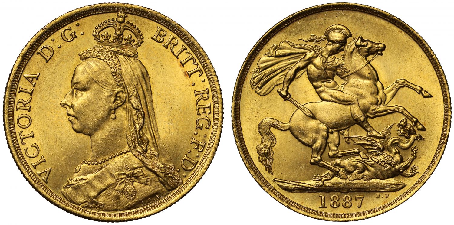 Victoria 1887 Two-Pounds MS63, tall date larger BP, Golden Jubilee issue