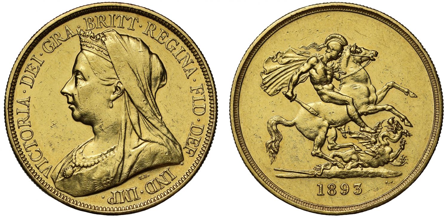 Victoria 1893 Five-Pounds, older veiled head