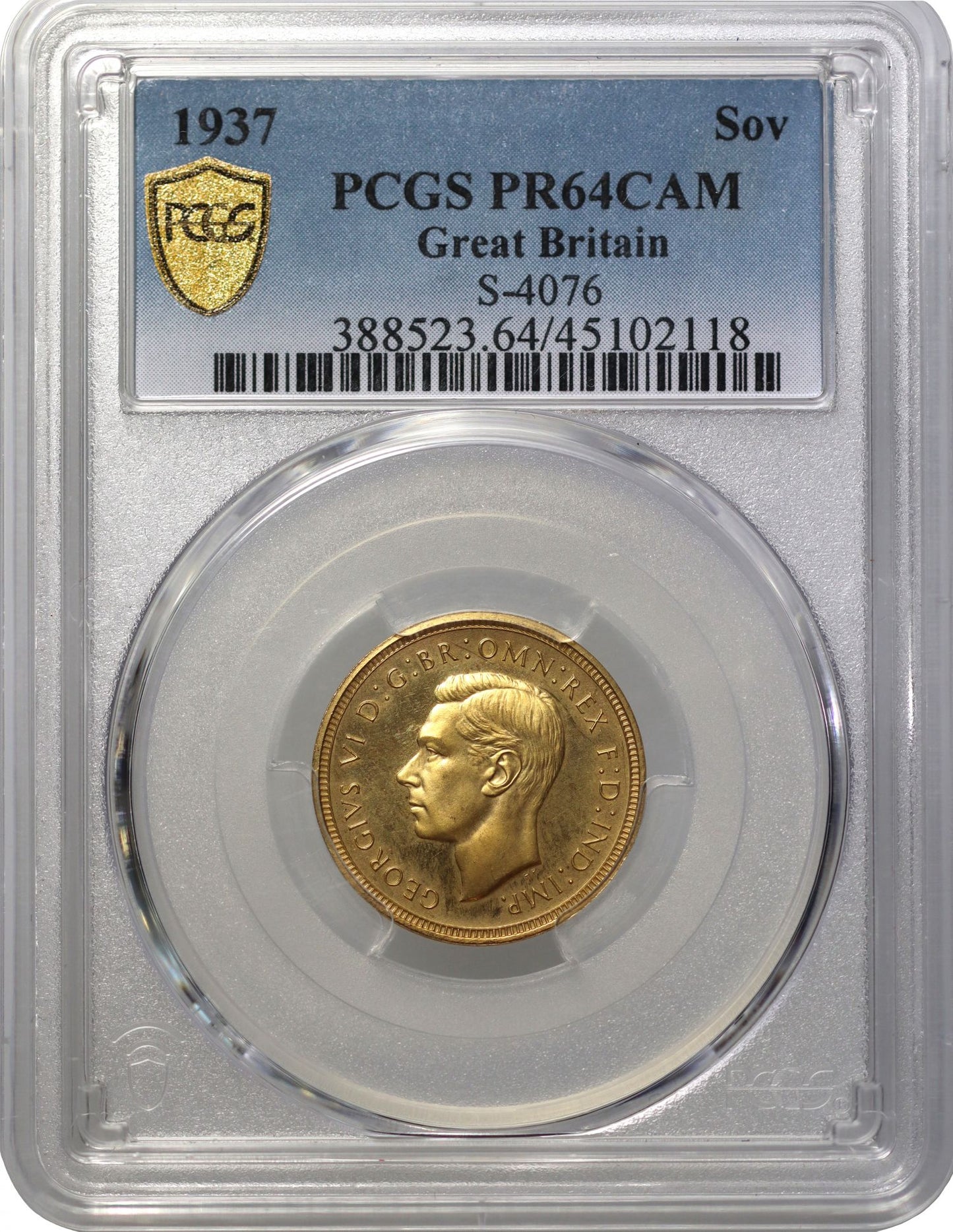 George VI 1937 proof Sovereign PR64CAM, only 5,501 struck