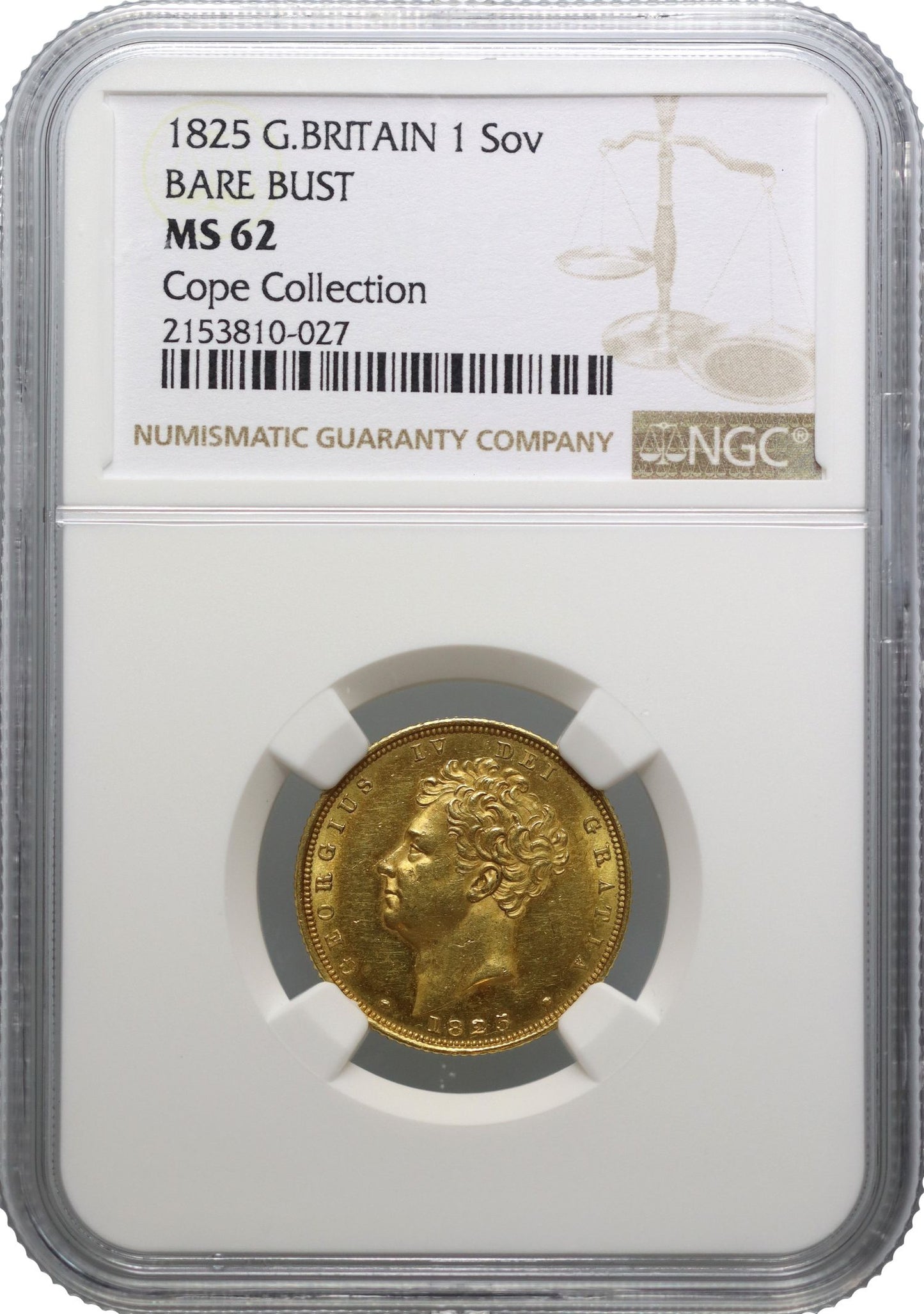 George IV 1825 Sovereign bare head MS62 ex Cope Collection