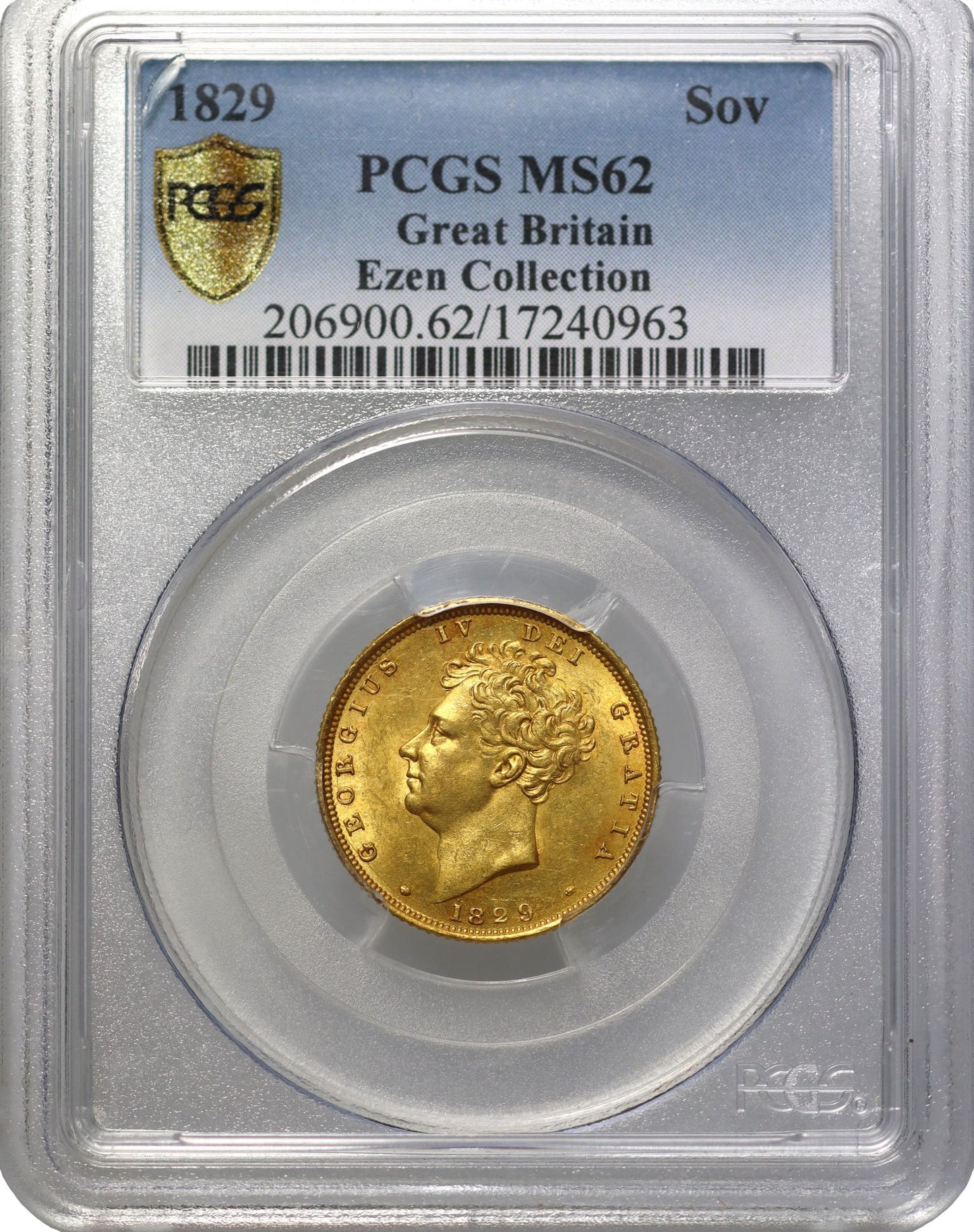George IV 1829 Sovereign, bare head, MS62, ex Ezen