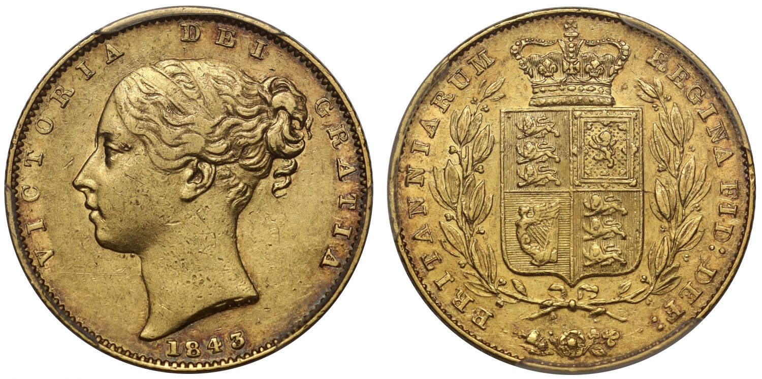 Victoria 1843 Sovereign Narrow Shield on reverse, PCGS XF45