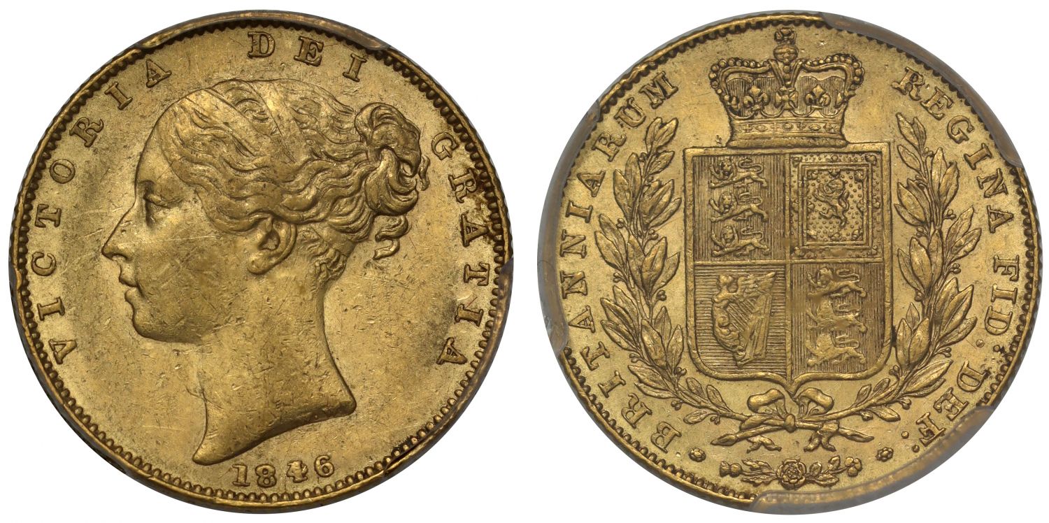 Victoria 1846 Sovereign, 4 over inverted 4, PCGS AU55