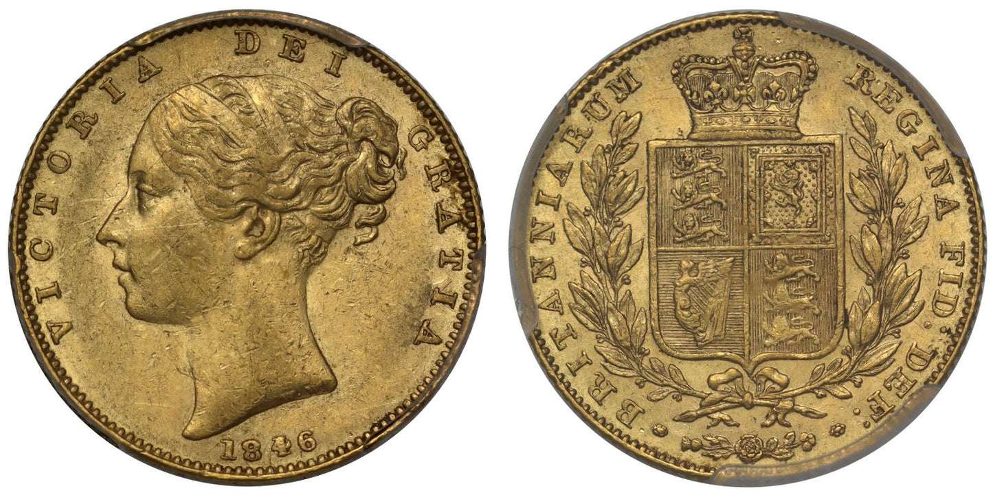 Victoria 1846 Sovereign, 4 over inverted 4, PCGS AU55