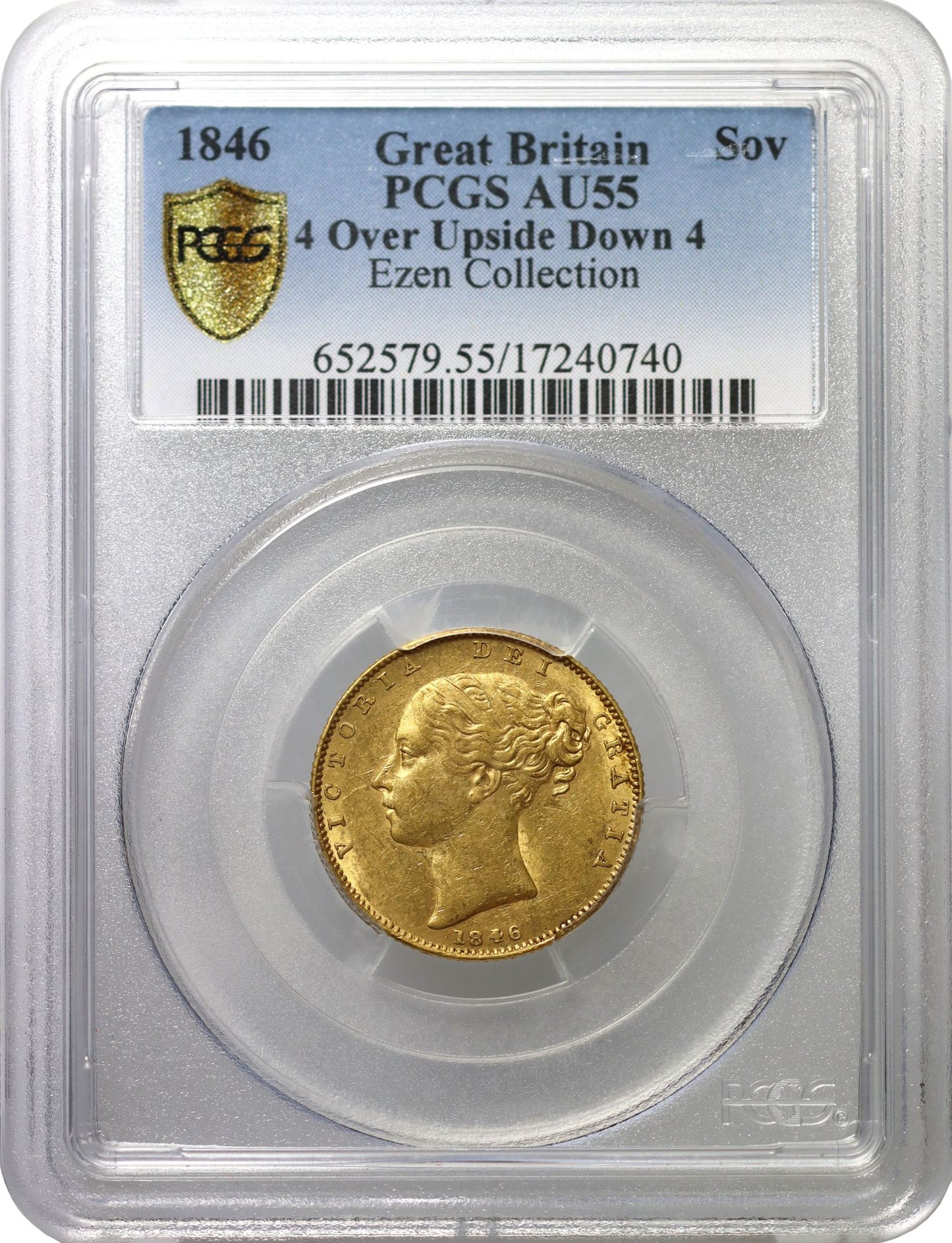 Victoria 1846 Sovereign, 4 over inverted 4, PCGS AU55
