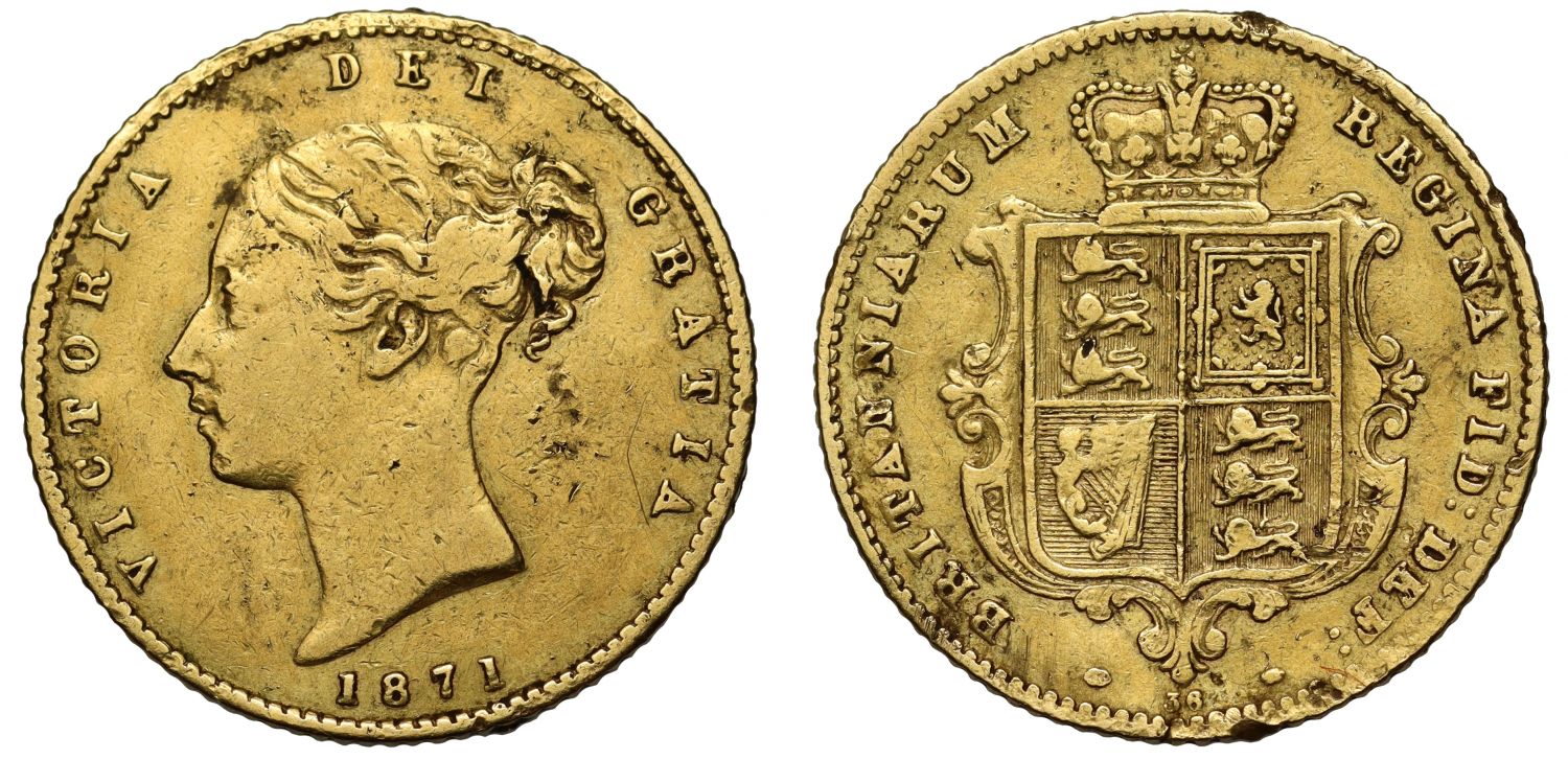 Victoria 1871 Half-Sovereign, young head, unrecorded die no. 36