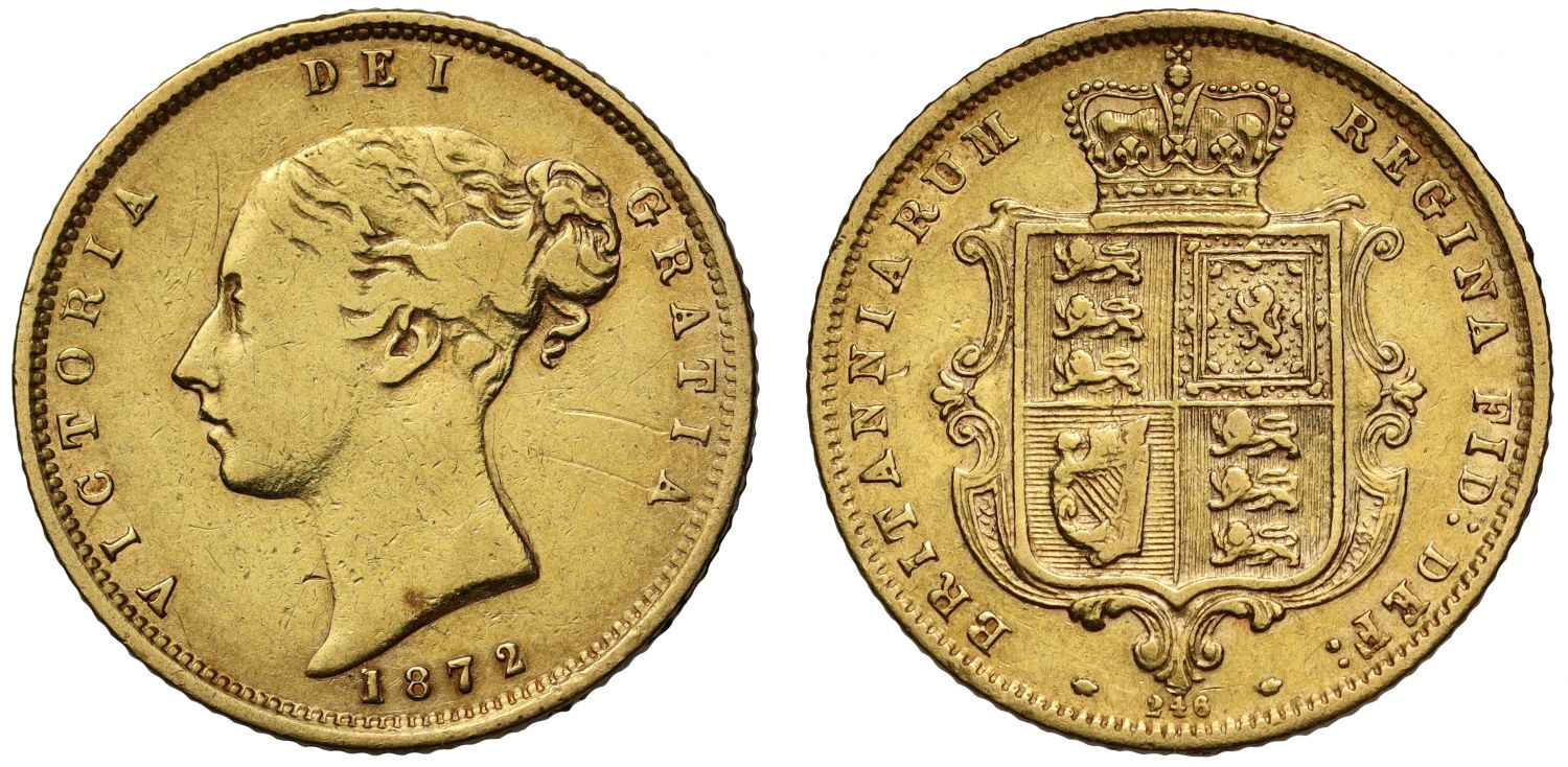 Victoria 1872 Half-Sovereign, young head, unrecorded die no. 246