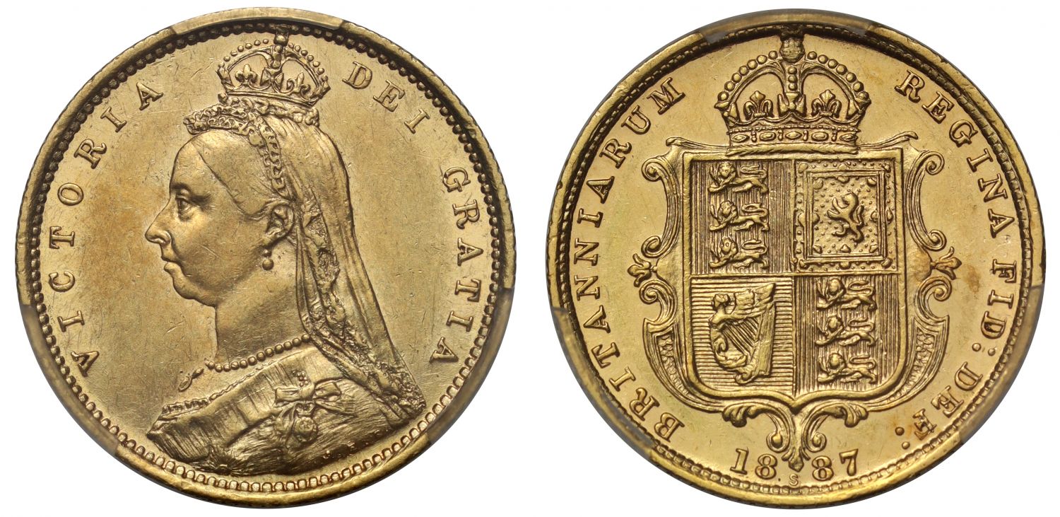Victoria 1887-S Half Sovereign AU55, Jubilee type, DISH S501 R4