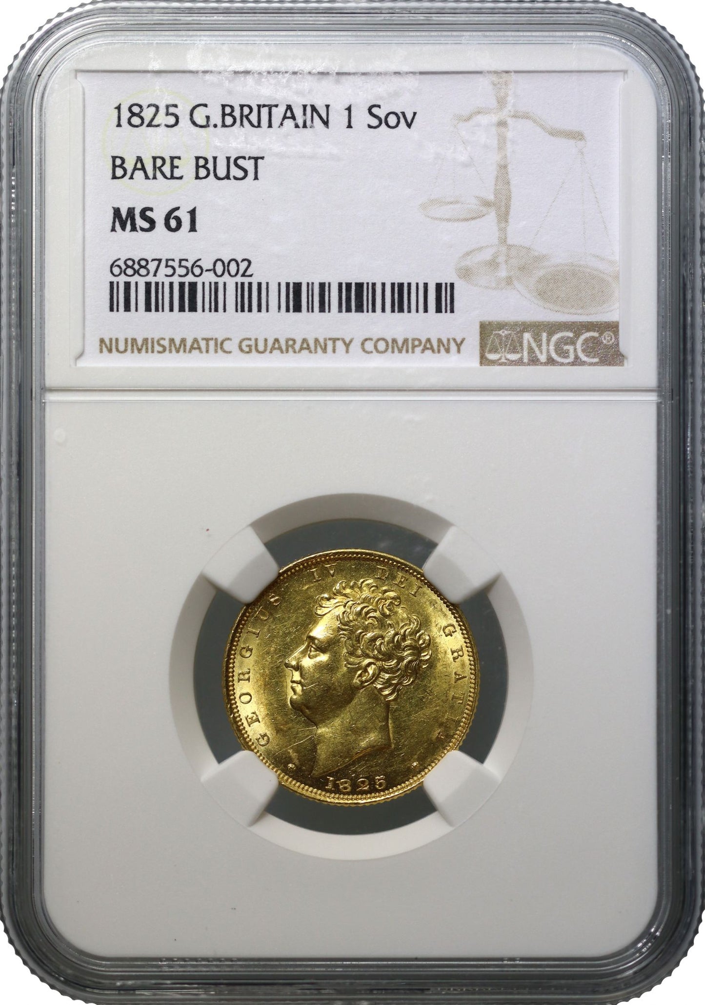 George IV 1825 Sovereign, bare head, MS61