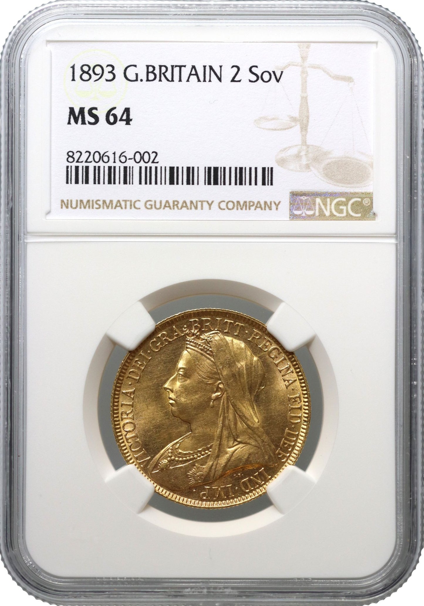 Victoria 1893 Two-Pounds or Double Sovereign MS64