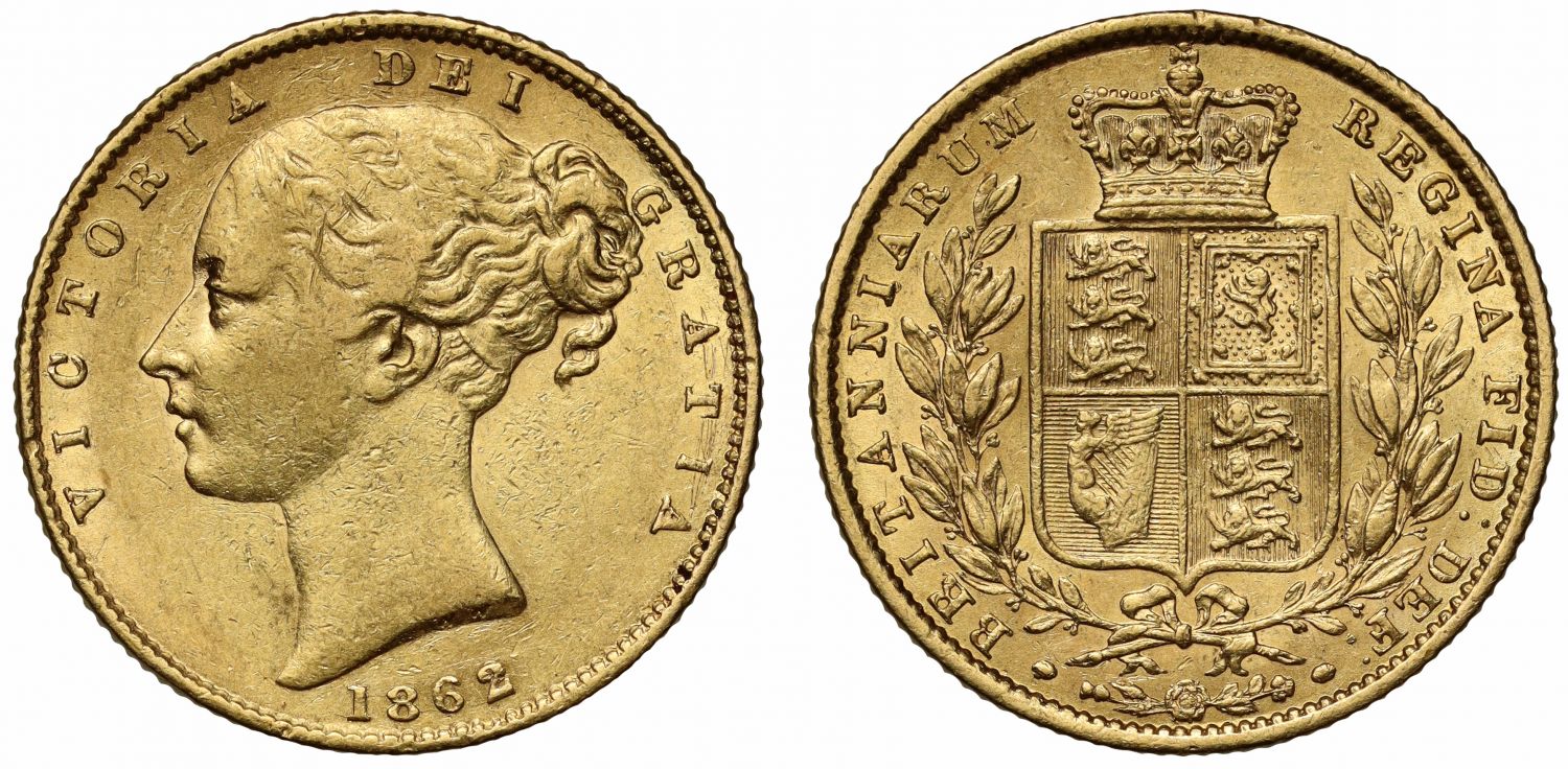 Victoria 1862 Sovereign, with first letter R of reverse struck over E
