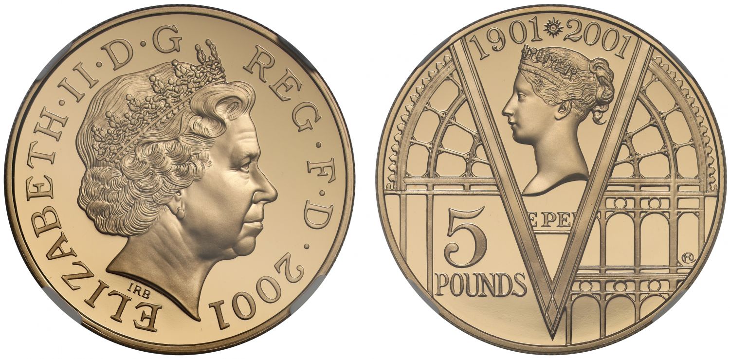 Elizabeth II 2001 PF70 UCAM Five-Pounds Victoria Anniversary