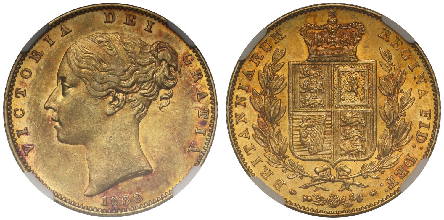 Victoria 1838 Sovereign, first year for reign, AU55