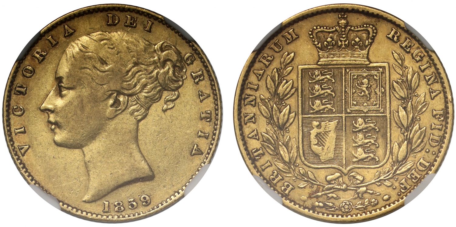 Victoria 1859 'Ansell' Sovereign NGC VF35, with extra line to rear fillet