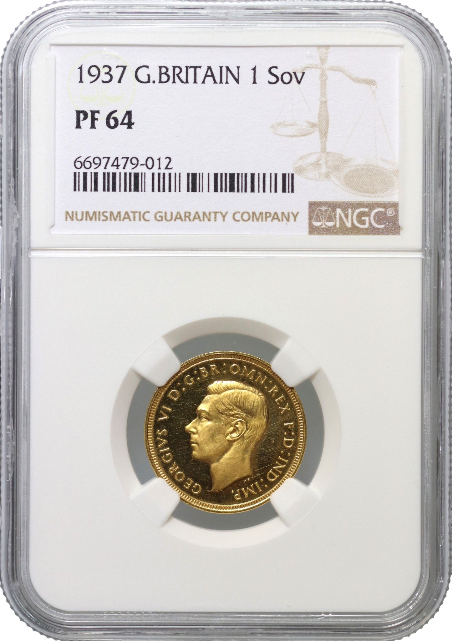 George VI 1937 proof Sovereign PF64, Coronation issue 5,501 struck