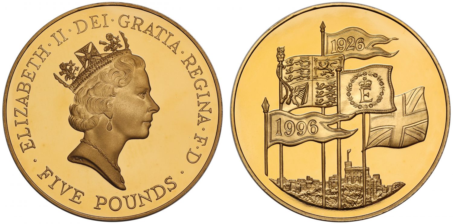 Elizabeth II 1996 proof Five-Pounds 70th birthday