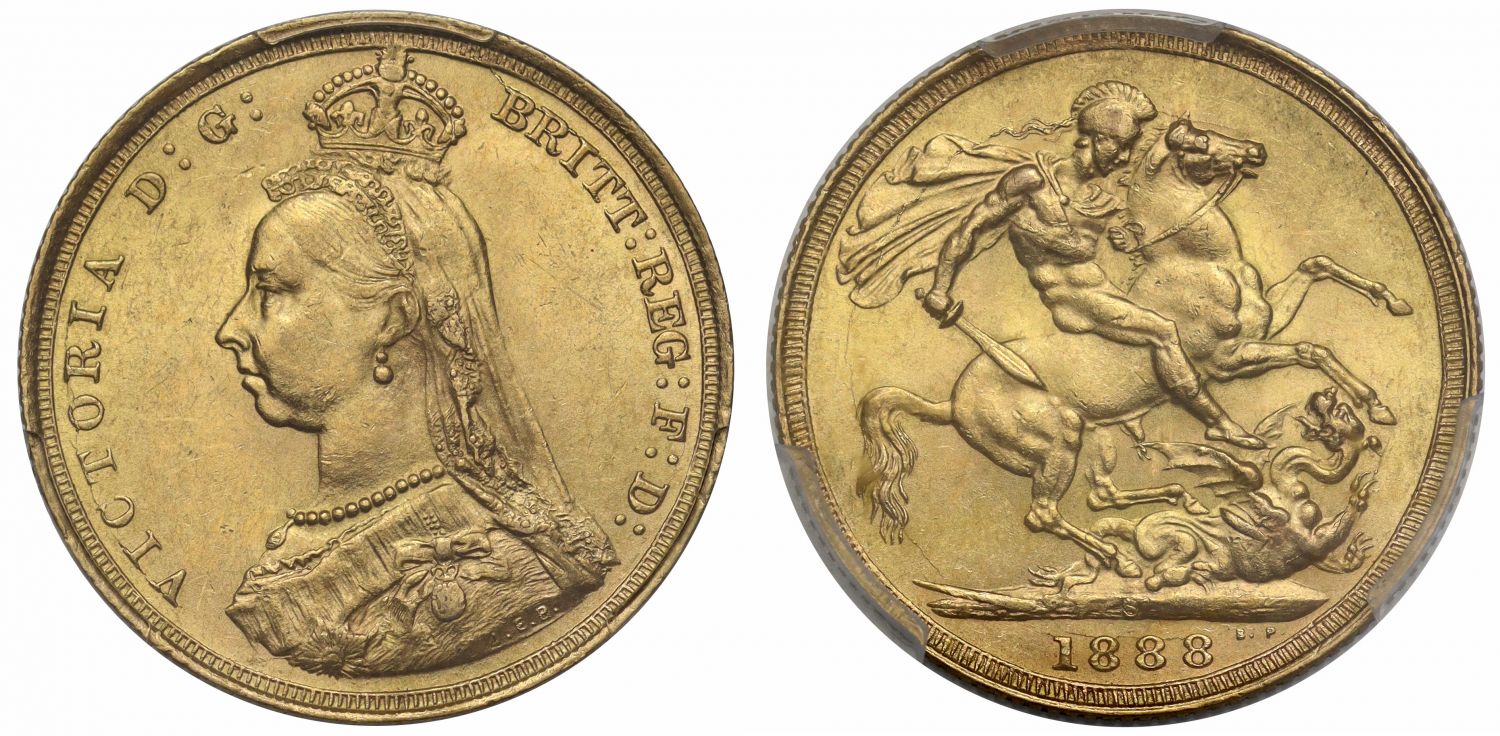 Victoria 1888-S Sovereign, first legend, DISH S9 R2, PCGS MS61