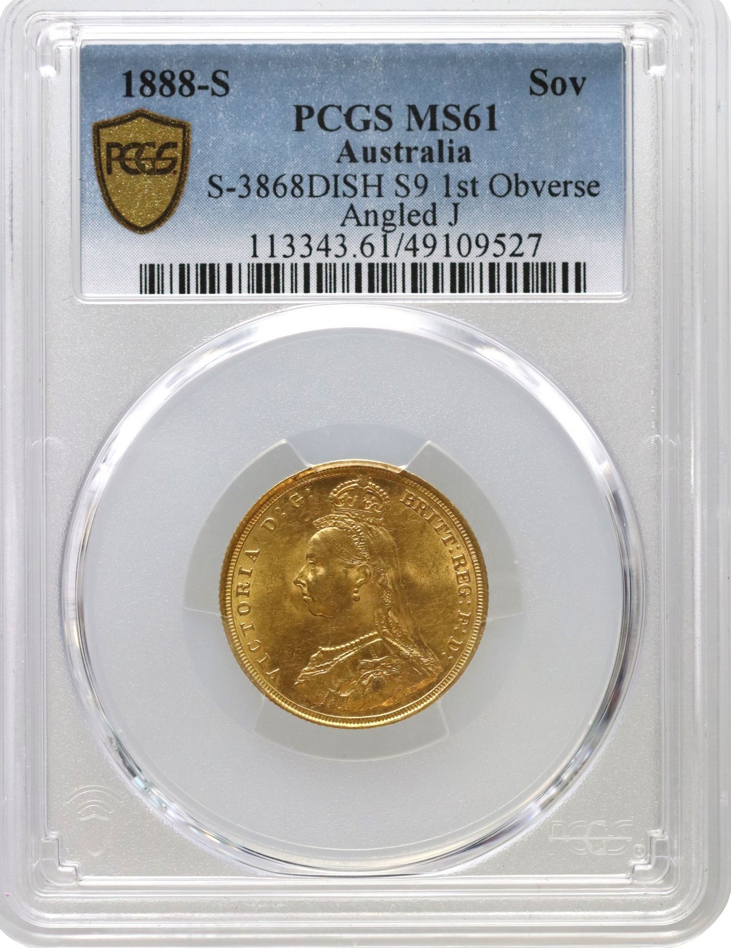 Victoria 1888-S Sovereign, first legend, DISH S9 R2, PCGS MS61