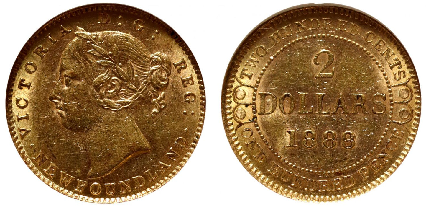 Newfoundland, Gold $2, 1888, ANACS AU55.