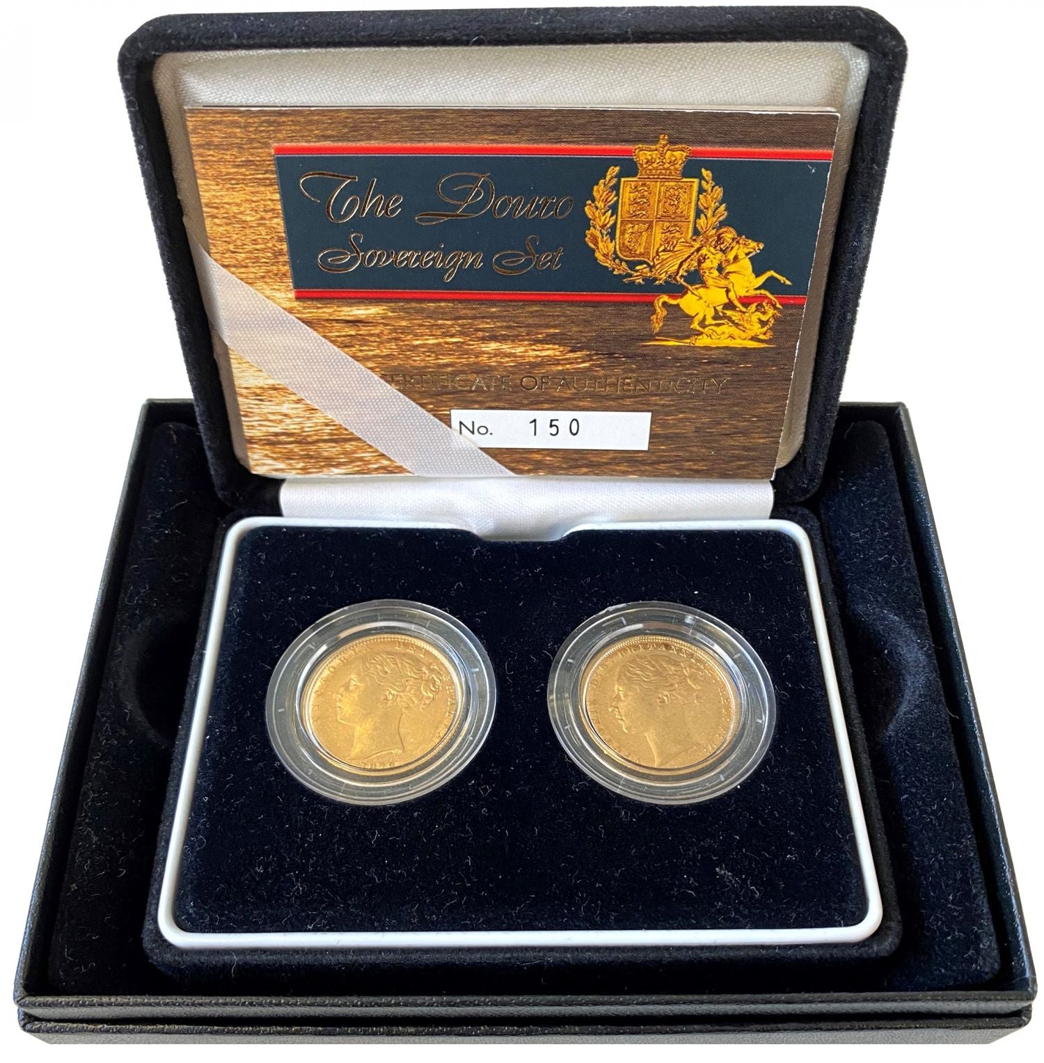 Victoria 1872 Douro Sovereigns boxed pair, shield and St George Reverse