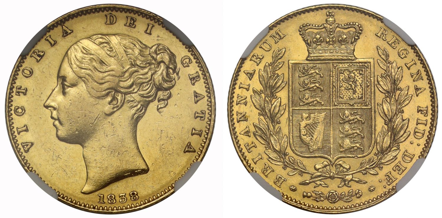 Victoria 1838 Sovereign, Coronation year issue, first young head NGC AU58