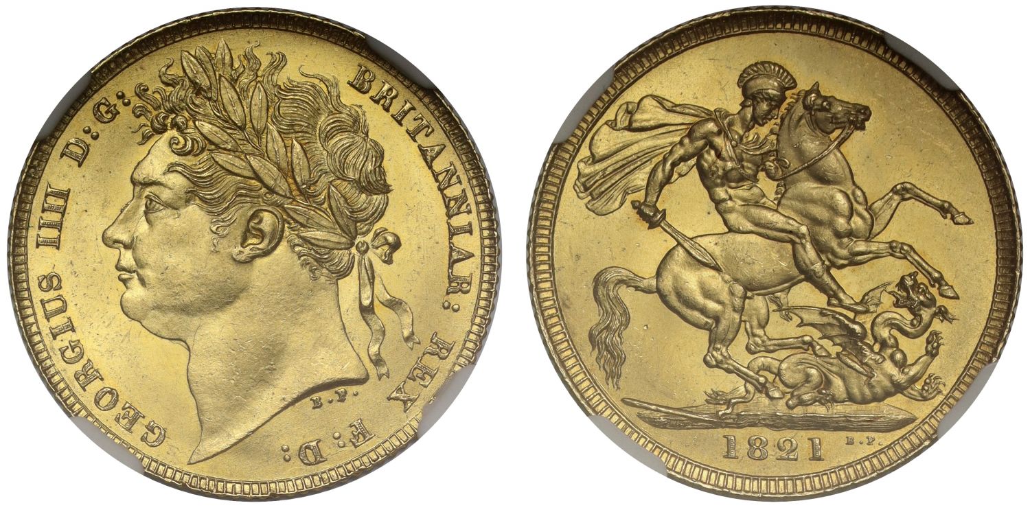 George IV 1821 Sovereign laureate head, Coronation year, NGC MS65 joint finest