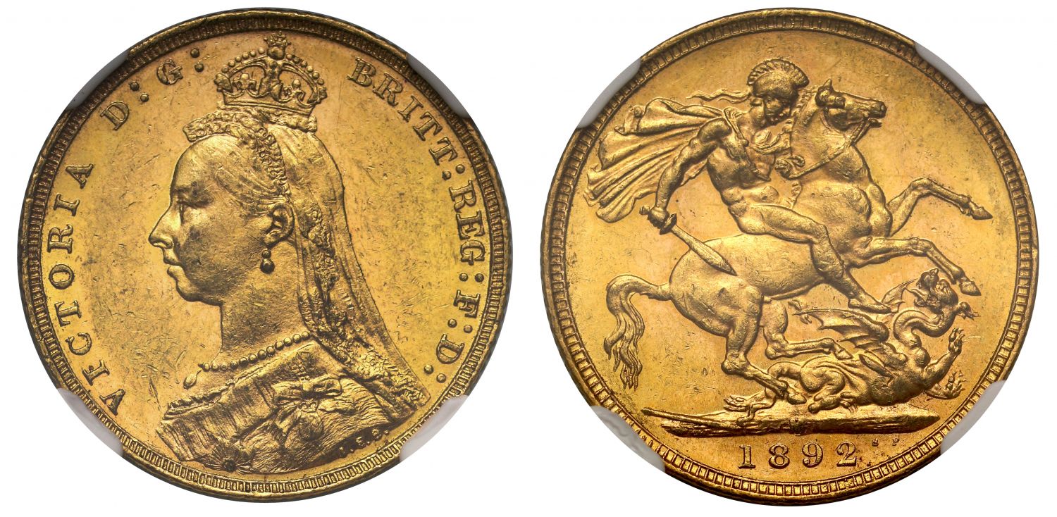 Victoria 1892-M Sovereign, Melbourne, long tail DISH M17 C2 MS62