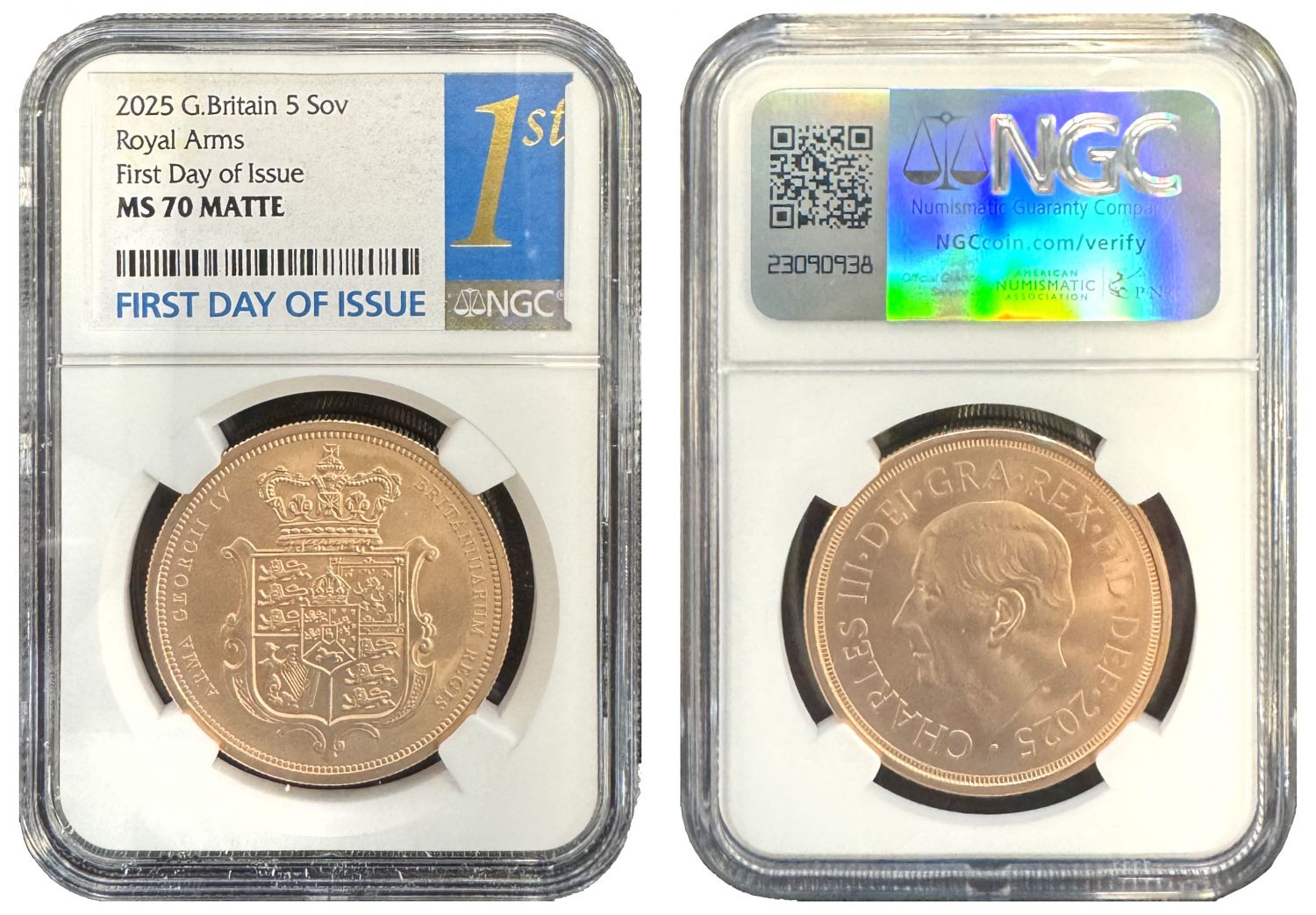 * Charles III 2025 gold BU Five-Pounds MS70 MATTE First Day of Issue