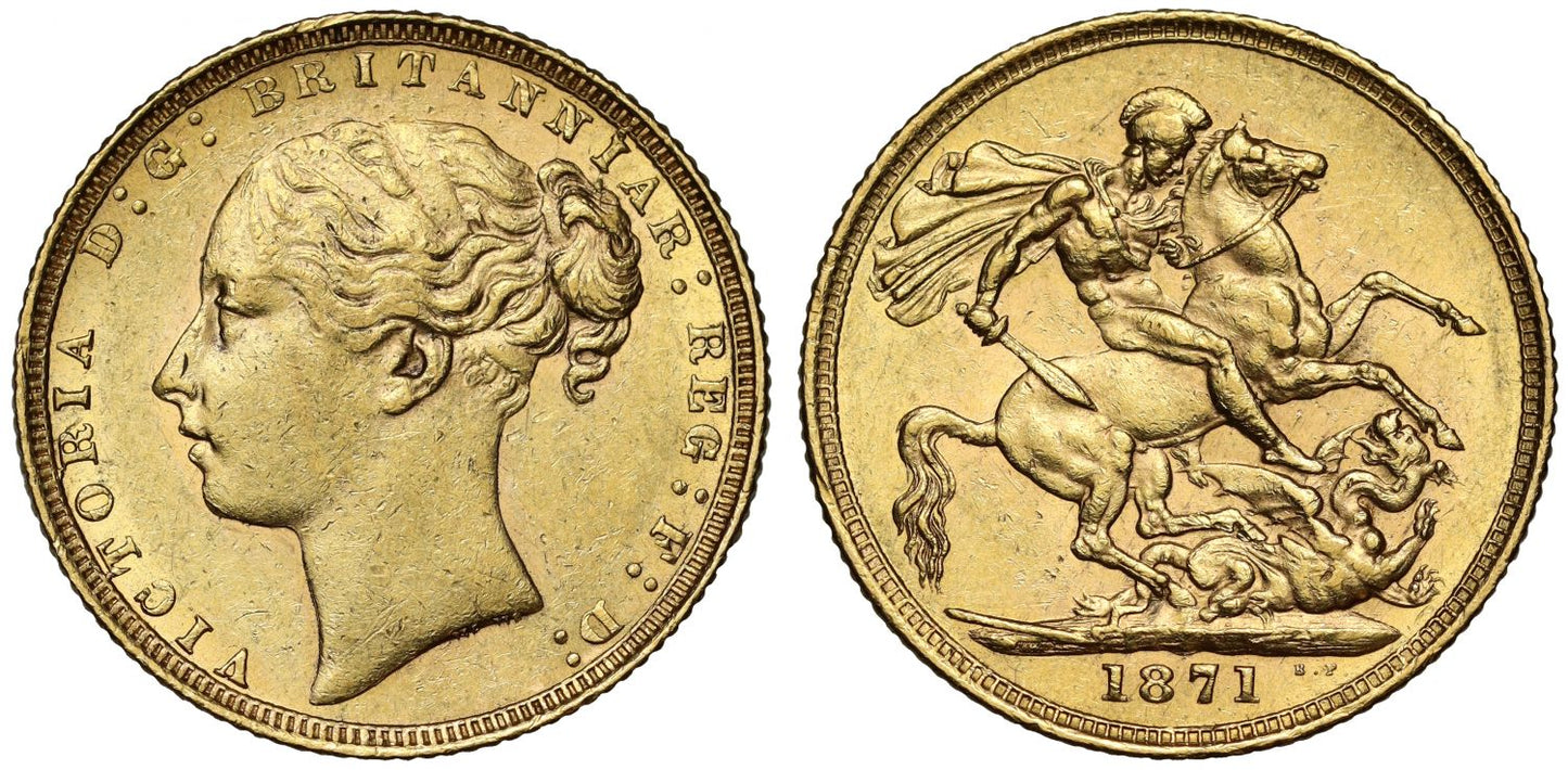 Victoria 1871 St. George Sovereign, London, WW buried, small BP