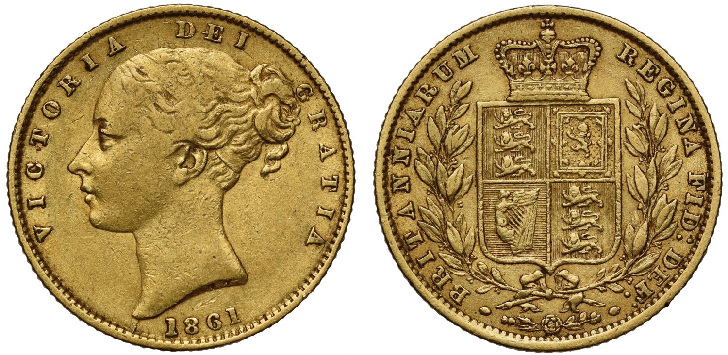 Victoria 1861 Sovereign DEI overstrike with E over higher or rotated E