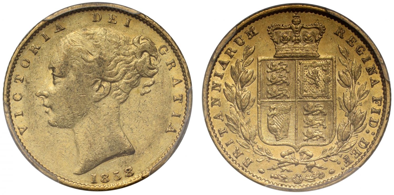 Victoria 1858 Sovereign, 8 struck over 7, PCGS AU53, partly barred As GRATIA
