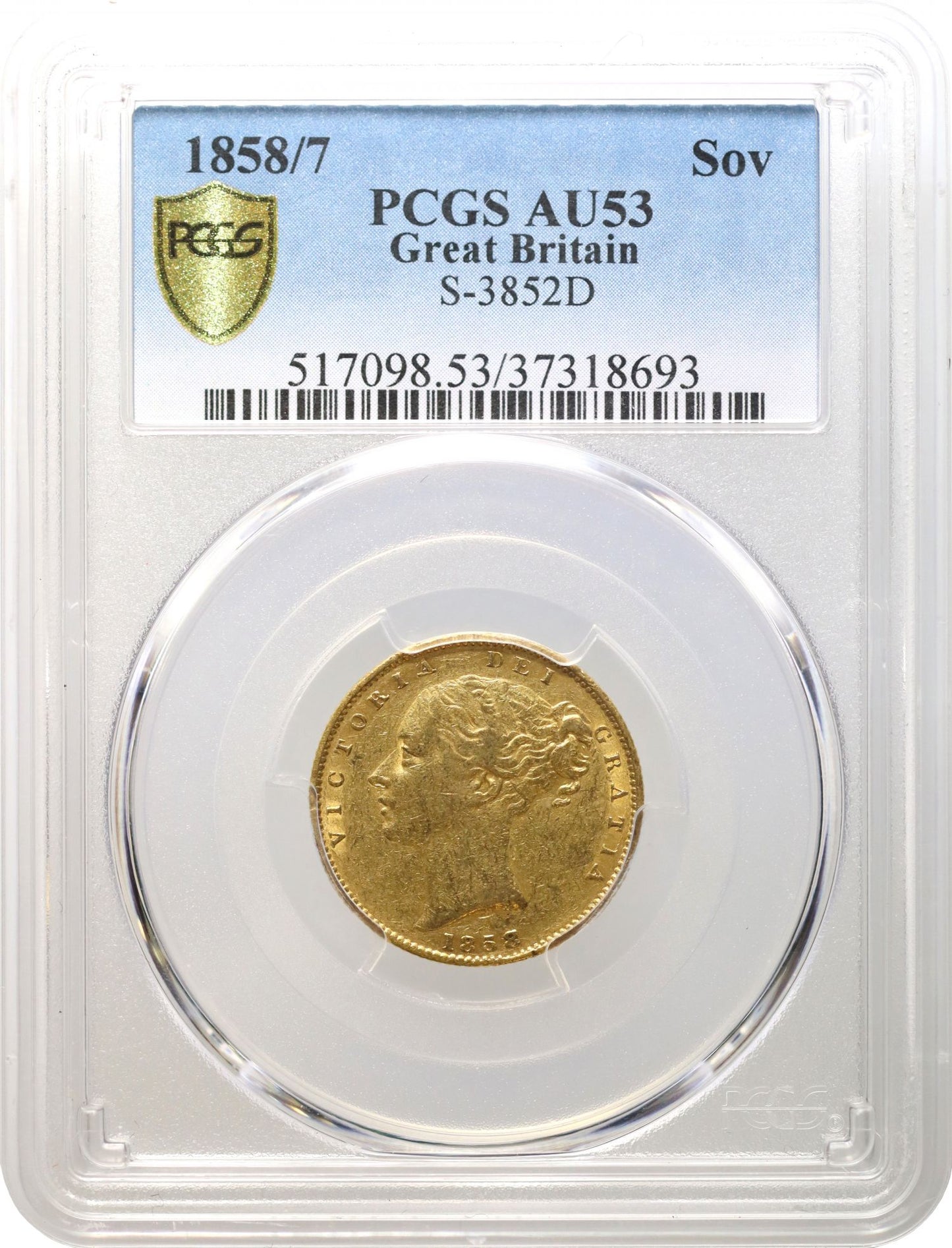 Victoria 1858 Sovereign, 8 struck over 7, PCGS AU53, partly barred As GRATIA