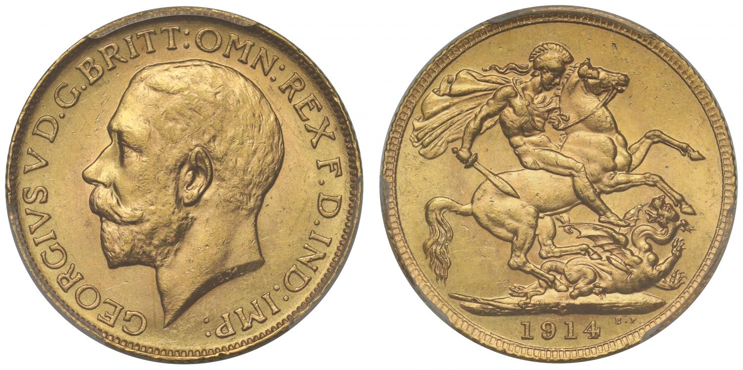 George V 1914-C Sovereign Ottawa Mint PCGS MS63, low mintage year