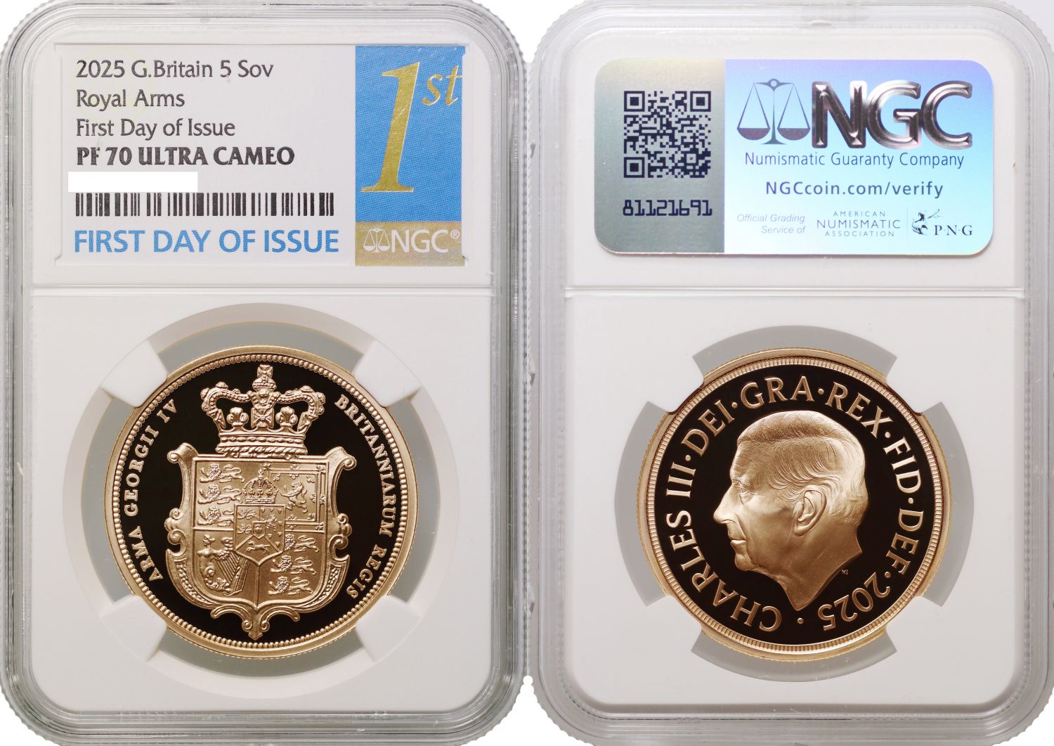 *Charles III 2025 proof Five-Pounds PF70 FDI, Merlen Shield design