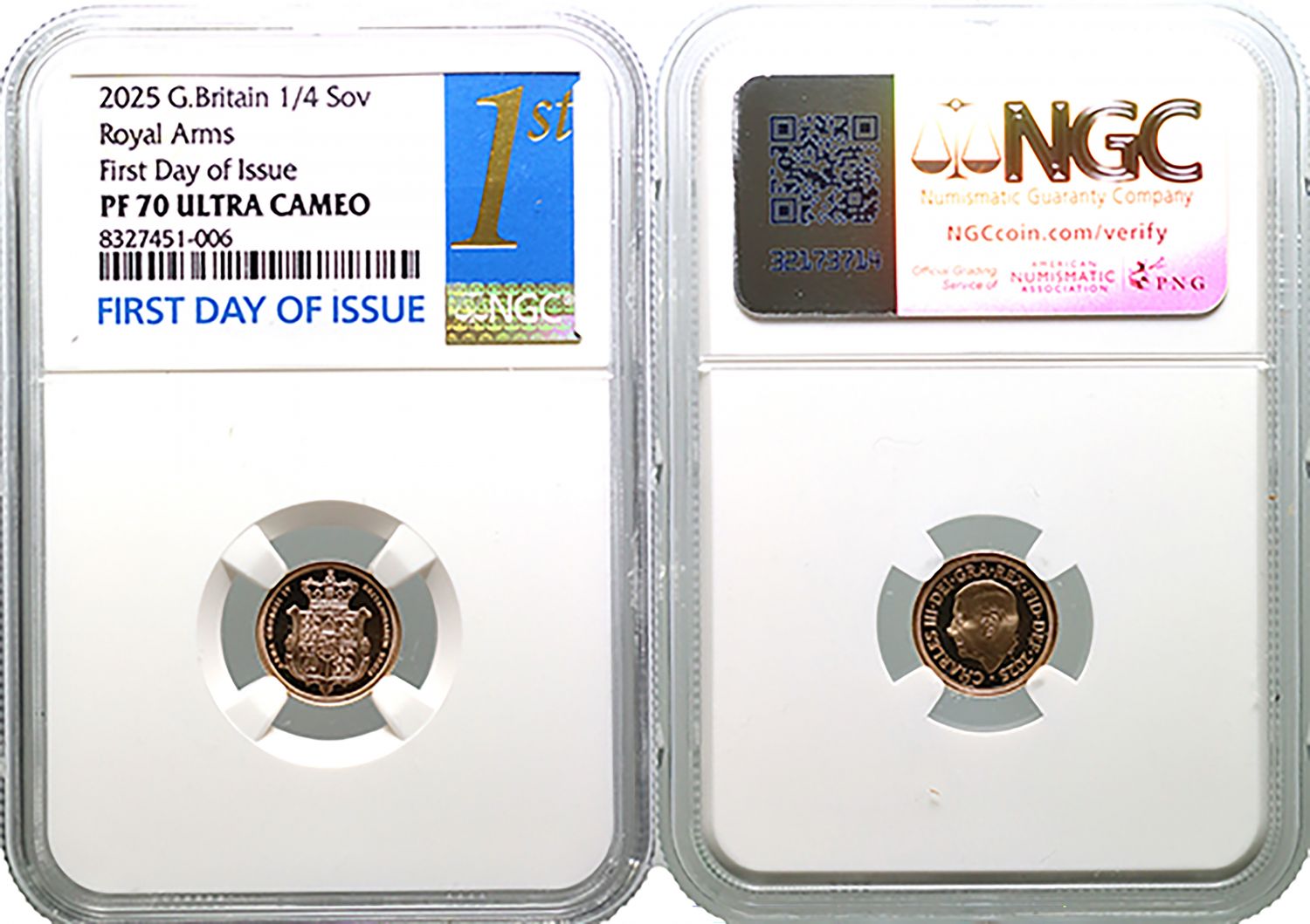 * Charles III 2025 proof Quarter-Sovereign PF70 FDI, Merlen Shield des