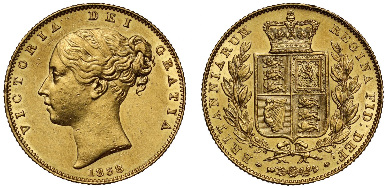 Victoria 1838 Sovereign, young head, shield reverse, first Coronation year
