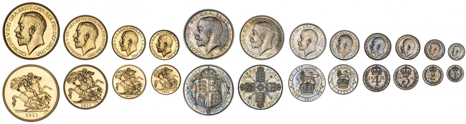 George V 1911 long gold proof Set with original box, gold slabbed PF64-PF66