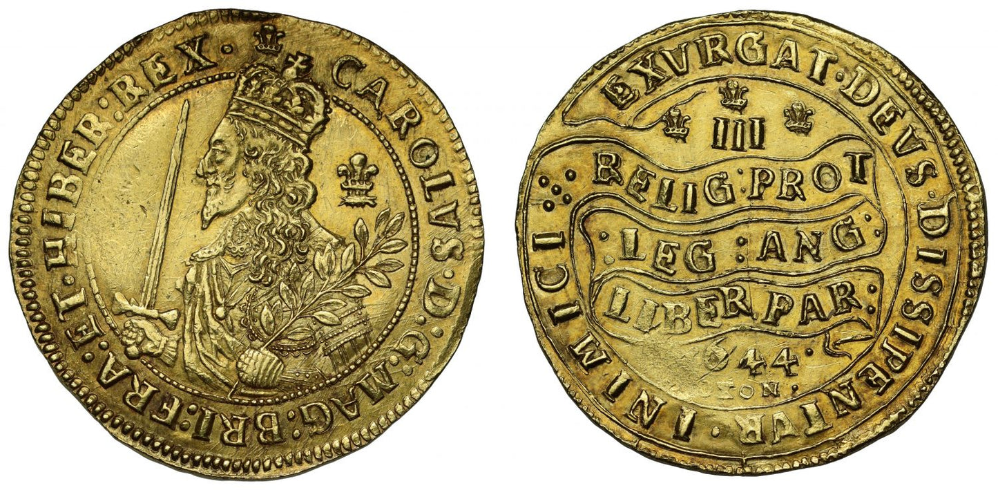 Charles I 1644 Triple Unite Oxford Mint, initial mark Shrewsbury Plumes, OXON