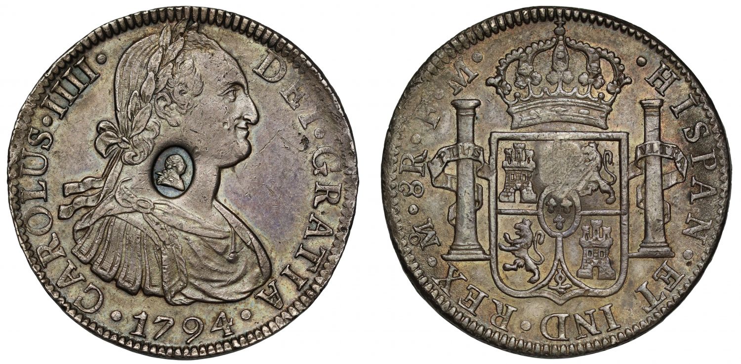 George III oval countermark on Mexico 1794-FM 8-Reales NGC AU58