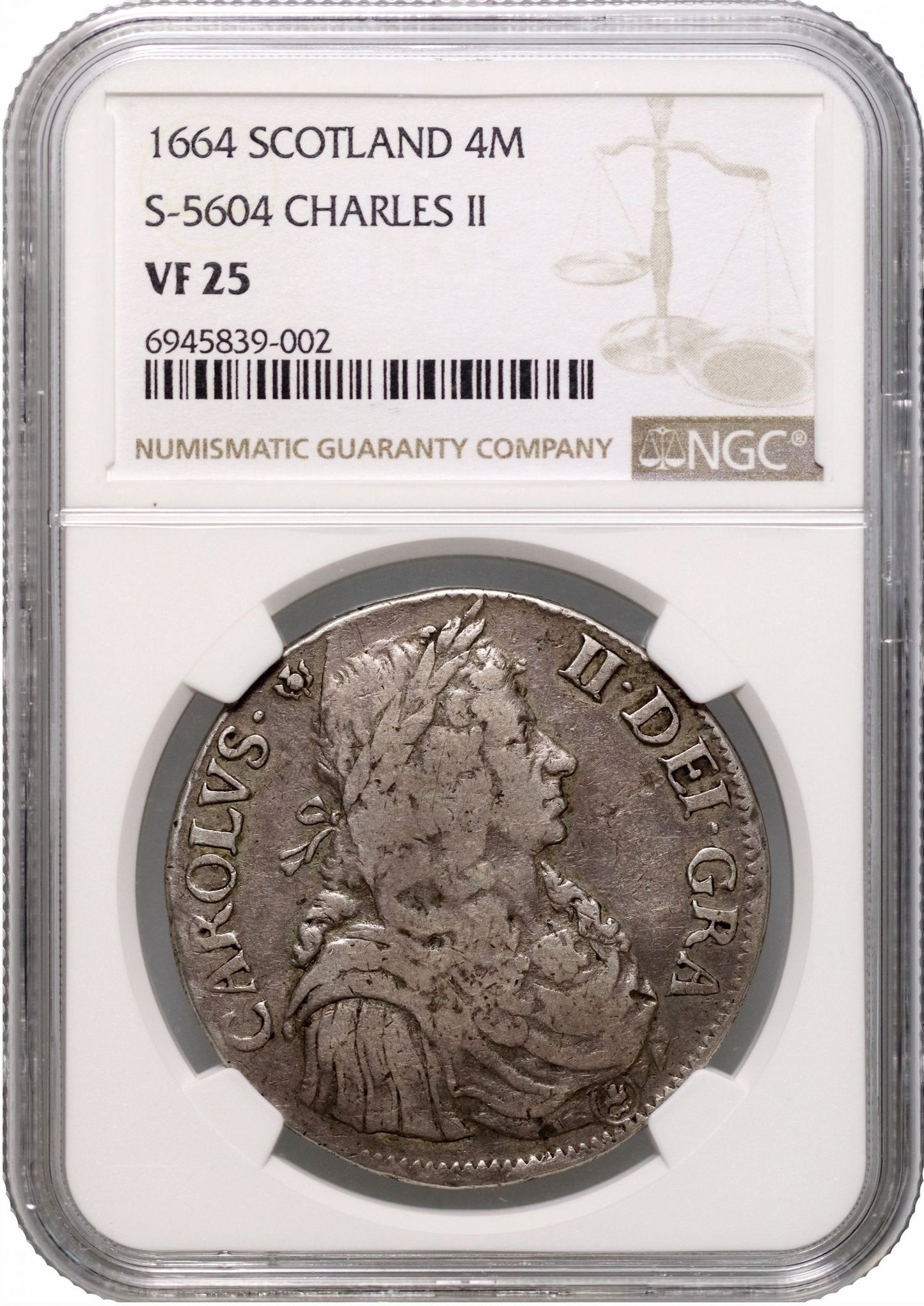 Scotland, Charles II 1664 Four-Merks type 1, thistle by head, first year issued VF25
