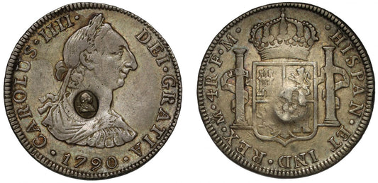 George III oval countermark on Mexico 1790-FM 4-Reales NGC VF35